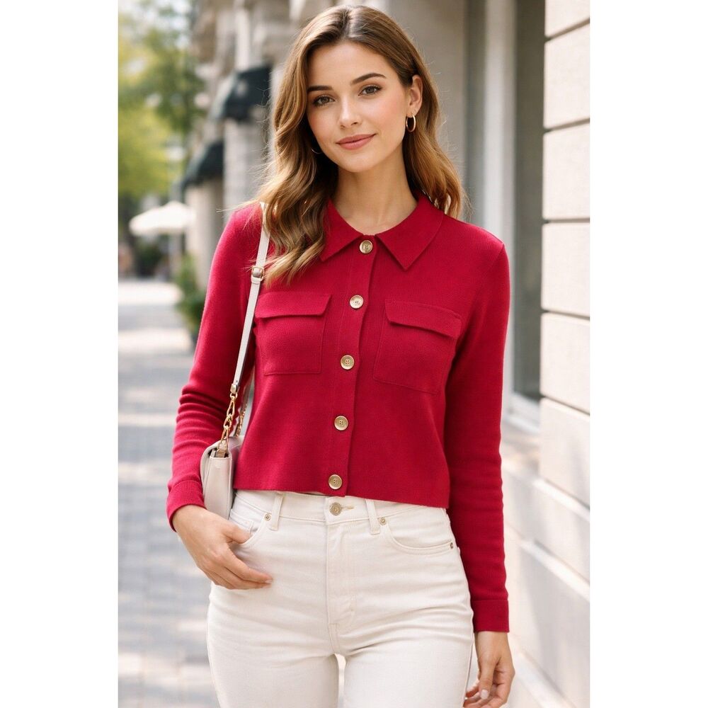 Sezane Betty Cardigan Womens Large Red Excellent 100% Merino Wool Button Front - Picture 1 of 6